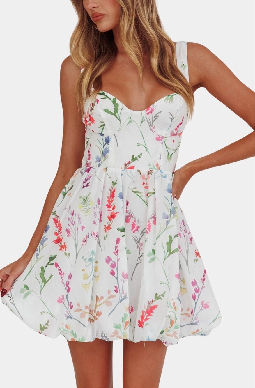 NWT Hausen Jackie White Floral Mini Dress Ring Strap Bubble Hem Size S